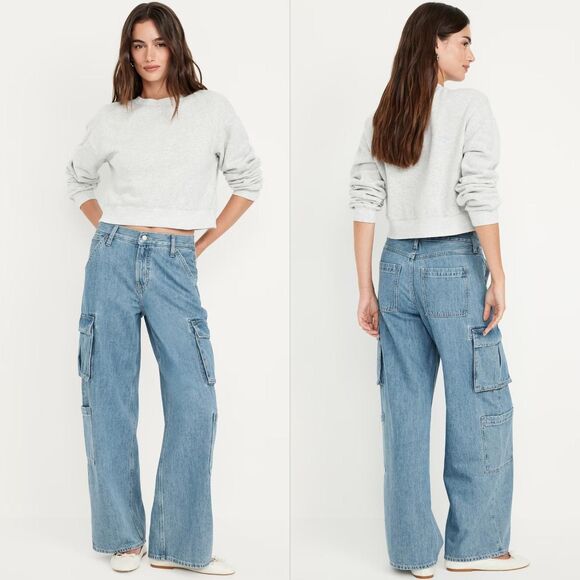 Old Navy Denim - 90s Y2K Grunge Mid-Rise Baggy Wide Leg Cargo Jeans 16 Oversized Utility Skater